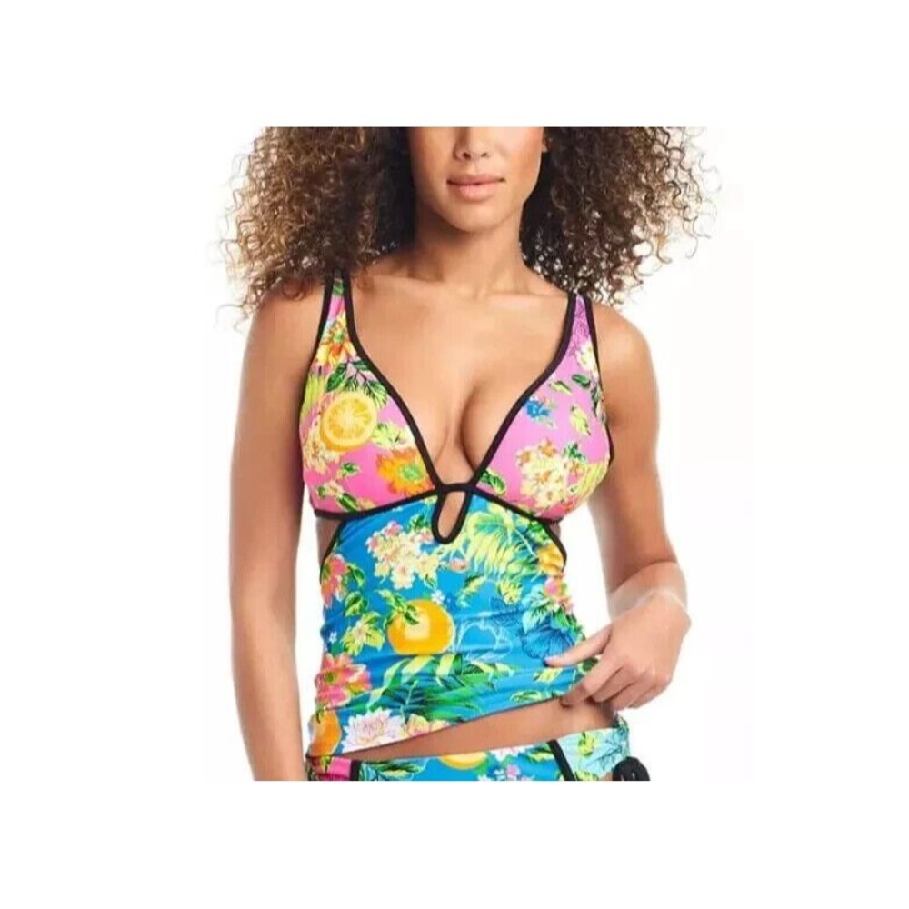 Bar III Women's Printed Plunge-Neck Tankini Top Tropical Floral Multicolor M